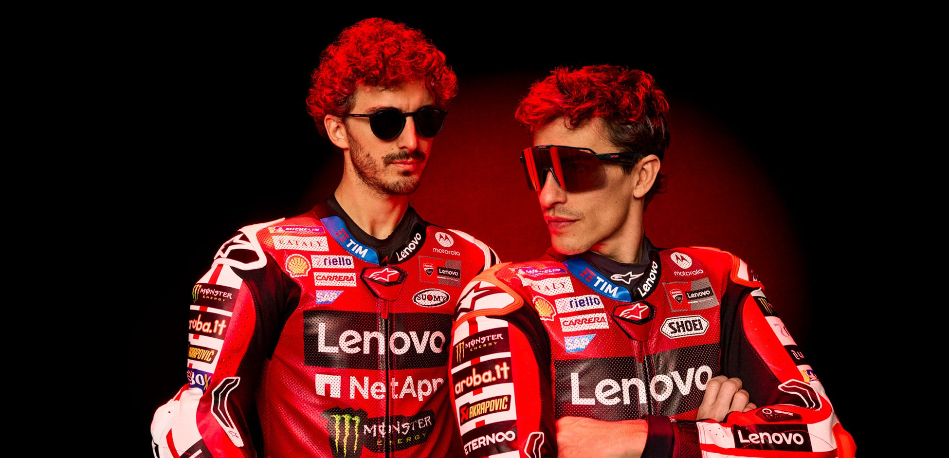 Campagna ufficiale Carrera Ducati con Bagnaia e Marquez in occhiali da sole sportivi