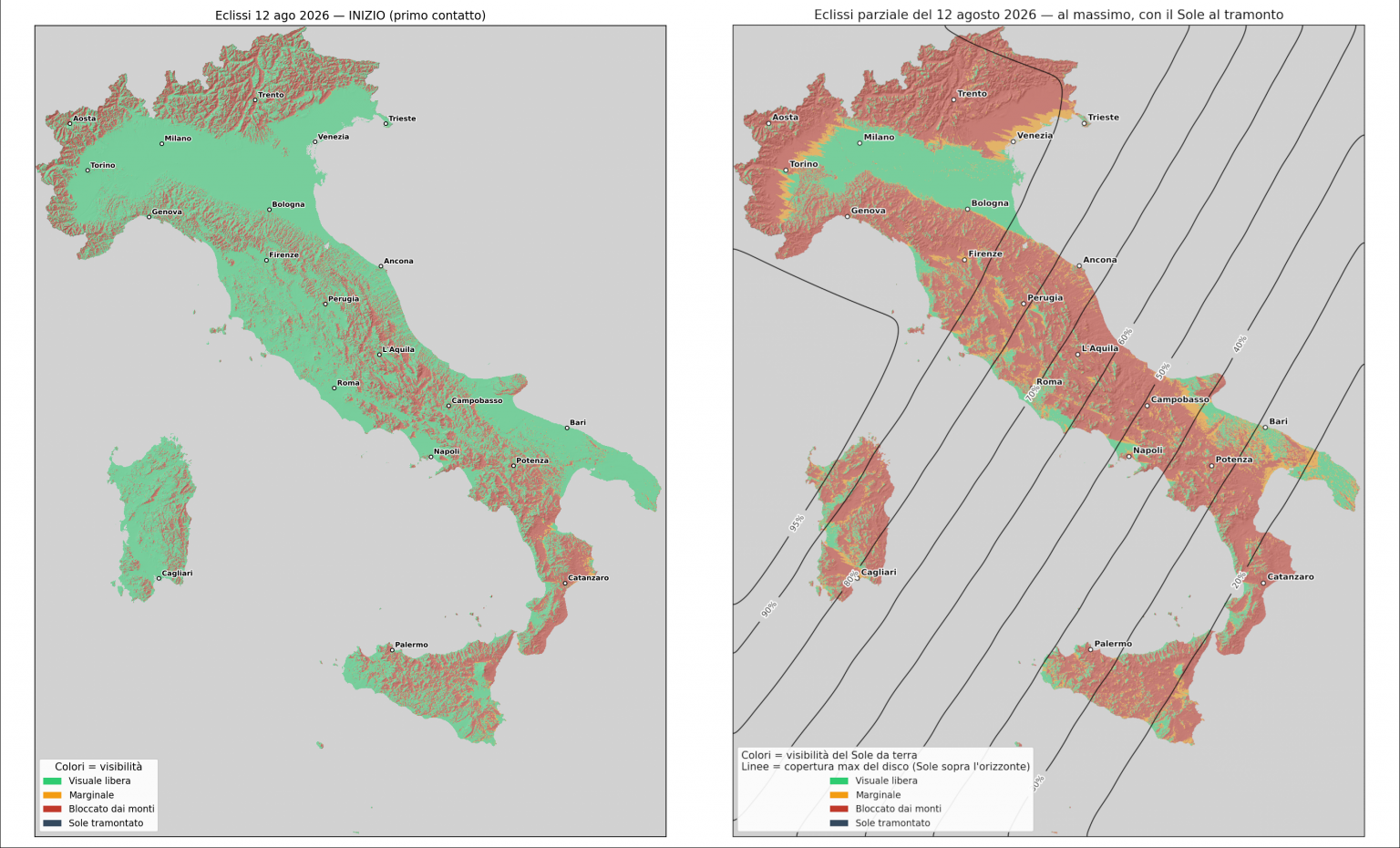 Mappa INAF della visibilità dell’eclissi solare del 12 agosto 2026 in Italia